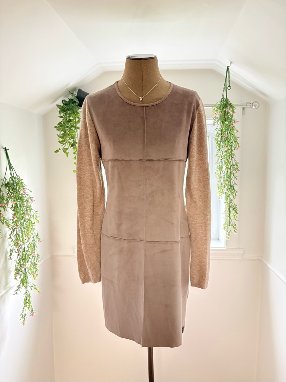 Rudsak Suede-Front Long Sleeve Shift Dress
